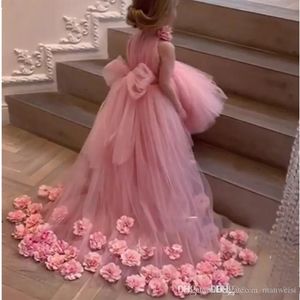 2020 Pink High Low Flower Girl Dresses 3D Flowers Big Bow Girls Pageant Dress vestido de daminha Dress for Kids Custom Made324H