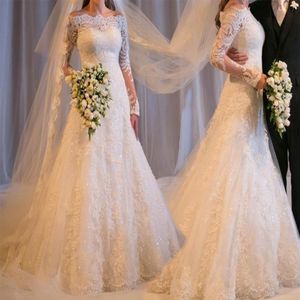 2019 Simple Fashion Elegant A-line mantel Långa ärmar från axelspetspärlorna Bröllopsklänningar gåva Veil Custom Made High Qual286s