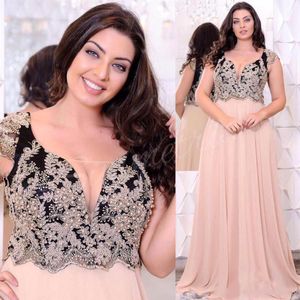 Champagne Lace Appliques Plus Size Evening Dresses Deep V-Neck Beaded A Line Prom Gowns Cheap Floor Length Chiffon Formal Dress259i