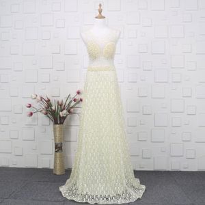 Vestidos de Festa Amarelo Claro Pérolas Baile de Formatura 2023 Renda até o Chão Transparente Top Formal Feminino Vestidos de Noite