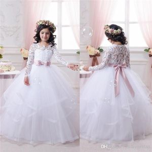 Cheap White Flower Girl Dresses for Weddings Lace Long Sleeve Girls Pageant Dresses First Communion Dress Little Girls Prom Ball G286Y