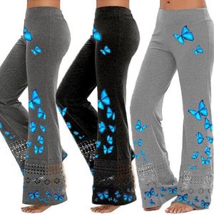 Active Pants Casual Butterfly Print Rhinestone Yoga Flare Leggings Kvinnor Lace Hollow Wide Leg Sports Leggins