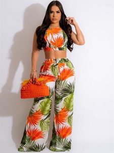 Women's Two Piece Pants Leaf Print Tracksuit Women 2 Set Outfits Summer Clothes Halter Backless Crop Top And Wide Leg Suit INS Beachwear