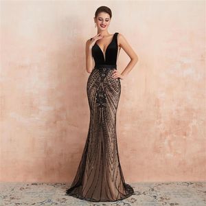 2021 Trumpet Deep V-Neck Evening Dress Black Sequins Champagne Prom Dresses Sleeveless Formal Party Wear Vestidos de fiesta 373582214