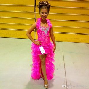 Vestidos exclusivos para concursos femininos linha A Halter rosa alto baixo organza strass frisado florzinha meninas vestido vestidos de festa para Weddi239e