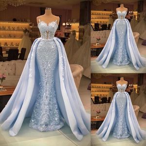 Sky Blue Mermaid Prom Dress 3d Floral Applicies Axless Beads Evening Dresses Birthday Party Special Endast GOWNS280V