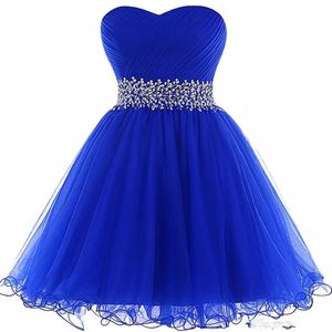 Abiti da ballo in organza Abiti da ritorno a casa Abiti da ballo corti con perline eleganti blu royal Abiti da festa con lacci307T