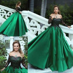 2019 Yeni büyüleyici yeşil uzun kollu balo elbiseleri omuz saten aplikeler boncuklu resmi gece elbiseleri balo elbisesi vestido 310m