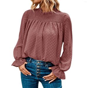 Camicette da donna Camicie casual in chiffon da donna Camicia a pois tinta unita con volant Moda Pullover a maniche lunghe da donna Blusa Feminina