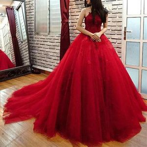 2021 Sexy Vermelho Escuro Vestidos de Baile Ilusão Apliques de Renda Cristal Frisado Tule Puffy Plus Size Roupa de Festa Formal Costas Ocas Noite2075