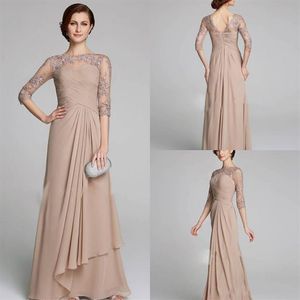 Modest Champagne Abiti per la madre della sposa Taglie forti Applique in pizzo increspato Una linea Abiti da sposa in chiffon Abiti da cerimonia per madri Gow279b