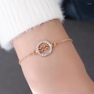 Charme Pulseiras Signo do Zodíaco Símbolo Pulseira Cristal Cor Dourada Corrente Redonda Oca Para Mulheres Aniversário Amizade Jóias Presentes