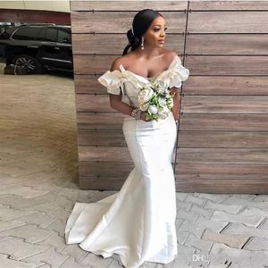 2023 South African Mermaid Bridesmaid Dresses Long Off Shoulder Ruffles Maid Of Honor Gowns Satin Cap Sleeves Plus Size Wedding Gu2340