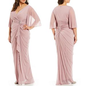 Rosa Mutter der Braut Kleider Schärpe Kristall Chiffon Halblange Ärmel Elegantes Hochzeitsgastkleid V-Ausschnitt Plus Size Abendkleider255Q