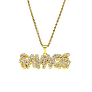 Hip Hop Rapper shiny diamond pendant gold necklace SAVAGE letters pendant micro-inset zircon jewelry 60cm night club accessory Sweater chain 1528