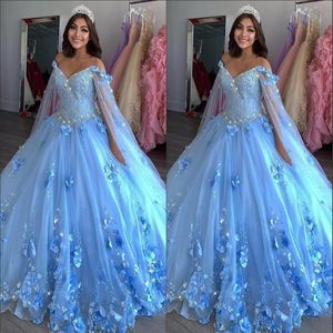 Ljusblå ny söt 16 klänningar bollklänningar handgjorda blommor pärlstav applikation vestidos de quinceanera klänning med wraps prom pageant280n