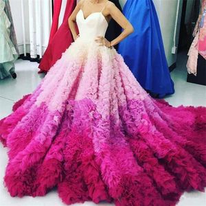 Wunderschöne Ombre Fuchsia Abendkleider sexy Spaghetti Puffy Rüschen Sweep Trian Prom Party Kleid Braut Vestidos rot