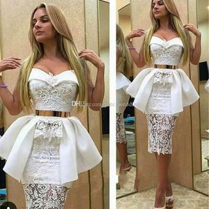 2021 Sexy Branco Curto Vestidos de Cocktail Sweetheart Renda Cetim Bainha na altura do joelho Arábia Saudita Vestidos de Festa Aso Ebi Estilo Noite D250n