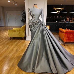 2022 Mermaid Gray Saudi Arabic Long Sleeves Evening Dresses Wear Major Beading Sequins Taffeta Prom Dress vestidos de fiesta Forma244A