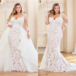 Modest Plus Size Mermaid Wedding Dresses With Detachable Train Long Sleeve Full Lace Appliqued Bridal Dress V Neck Wedding Gowns245Q
