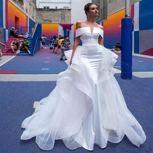 Biała syrena satynowa sukienki ślubne vintage suknie ślubne z ramion Abiti da sposa nowe suknie ślubne z odłączonym pociągiem Niger255U