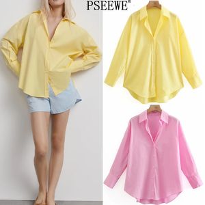 Women's Blouses Shirts Top Woman Yellow Button Up Shirt Women Long Sleeve Spring Office Blouse Female Asymmetric Hem Chic Pink Shirt 230721