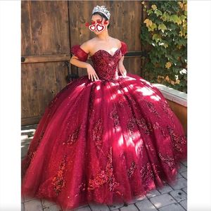 Bling Bling Burgundy Sequins Quinceanera Elbiseler 2023 Mütevazı Tatlı 16 Doğum Günü Partisi Balo Elbise Debutante Önlükler Vestidos