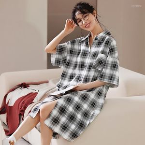 Women's Sleepwear Summer Shirt Dress Long Nightgown Cotton Short Sleeve Big Yards 3XL 4XL Night Plaid Home Clothes Robe