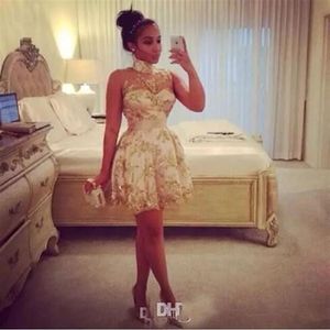 African Short Cocktail Dresses High Neck See Through Gold Sequins Appliques Homecoming Gowns Lace Mini A Line Sexy Mini Prom Dress3095