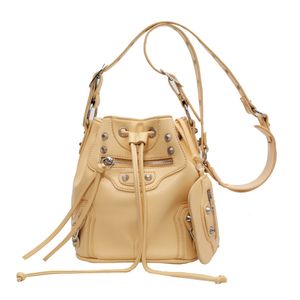 Futuristic Fashion Statement: Women's Crossbody Bag with Motorcycle Rivet Style, Drawstring Bucket Bag - A Trendsetter's Must-Have Accessory, 2023 New Arrival Beige