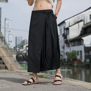 Roupas étnicas Calças Masculinas de Verão Preto Estilo Chinês Solto Samurai Sentido Irregular Culottes Reto Kendo