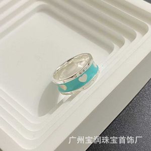 Brand Charm S925 Sterling Silver Blue Emamel Love Wide Edition Ring for Men and Women Tff Small Fashionable Style