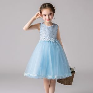 Elegante verão malha céu azul meninas vestidos de baile princesa crianças júnior vestidos de dama de honra à noite colete festa de formatura vestido de verão