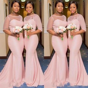 Blush Pink African Nigerian syrena Druhna Sukienki z rękawem 2019 Sheer Lace Neck plus size Maid of Honor Wedding Gown2875