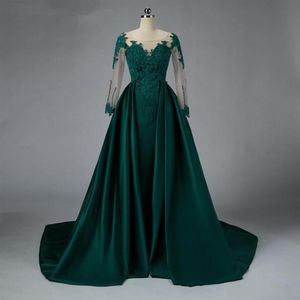 green satin mermaid evening dresses detachable train beads lace prom gowns side split long sleeves women formal dress prom with be334D