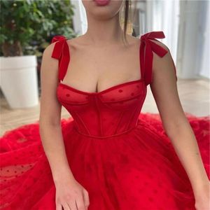 2021 Red Polka Dots Tulle A Line Evening Dress Spaghetti Straps Tied Bow Shoulder Tea Length Party Graduation Prom Dress279C