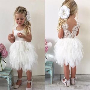 Söt boho bröllopsblommor flicka klänningar för småbarn spädbarn baby vit spets ruffles tyll juvel hals billigt litet barn formellt parti 250b