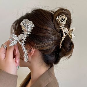 Women's Personality Fashion Clamps Large Metal Rose Leaf Hair Accessories Girl Headwear Back Head Hairpin New Headdress