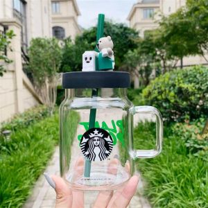 Starbucks cup verde temporada verde avental urso Mason cup canudo vidro transparente 600ml copo prático293f