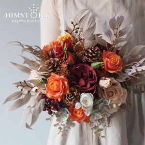 Wedding Flowers HIMSTORY Vintage Artifical Ice-cream Orange Color Bouquets Handmade Silk Rose Hand Holding Bouquet230h