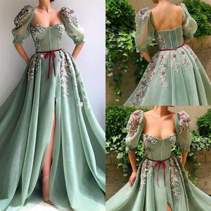 Vintage Beaded Split Prom Dresses A Line Sweetheart Half Long Sleeve Lace Appliqued Plus Size Evening Gowns Custom Made Party Dres242k