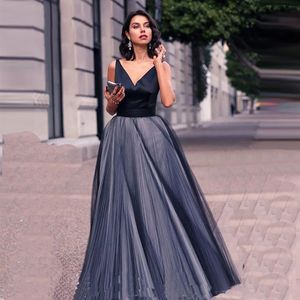 Novos vestidos de noite longos elegantes cinza claro decote em V chiffon tule sem mangas até o chão vestido de noite robe de soiree298U