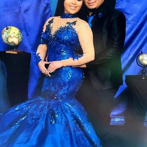 New Customize Royal Blue Evening Dresses High Neck Long Sleeves Lace Appliques Evening Gowns Plus Size Satin Mermaid Formal Wear203g