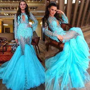 Turquoise Blue Mermaid Prom Dresses Sexy Long Sleeves Evening Gowns Tulle Sweep Train Appliques Cocktail Party Dress Vestido de fi255T