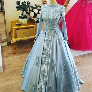 Muslim Long Sleeve Formal Dresses Evening Wear High Neck Vintage Appliques Beads Light Blue Satin Prom Ball Gown Party Gowns164f
