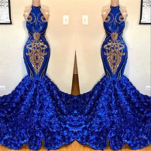 Royal Blue Mermaid Prom Dresses 2019 Halter Lace Appliqued Gorgeous 3D Floral kjol Prom Party Evening Bowns for Black Girls BC121283B