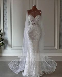 Pérolas dubai sereia vestido de casamento com capa querida miçangas cristais vestido de noiva personalizado