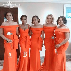 African Orange Mermaid Bridesmaid Dresses Satin Plus Size Prom Evening Party Dresses Off the Shoulder Ruched Wedding Guest BrideSm287w