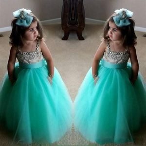 2018 Turquoise Green Flowe Girls Dresses Cute Spaghetti Birthday Gowns Straps Crystal Beaded Tulle Toddler Pageant Dresses For Gir2547