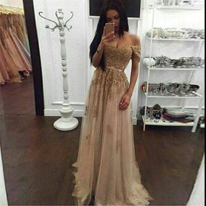 Champagne Lace Beaded Arabic Evening Dresses Sweetheart A-line Tulle Prom Dresses Vintage Cheap Formal Party Gowns293g